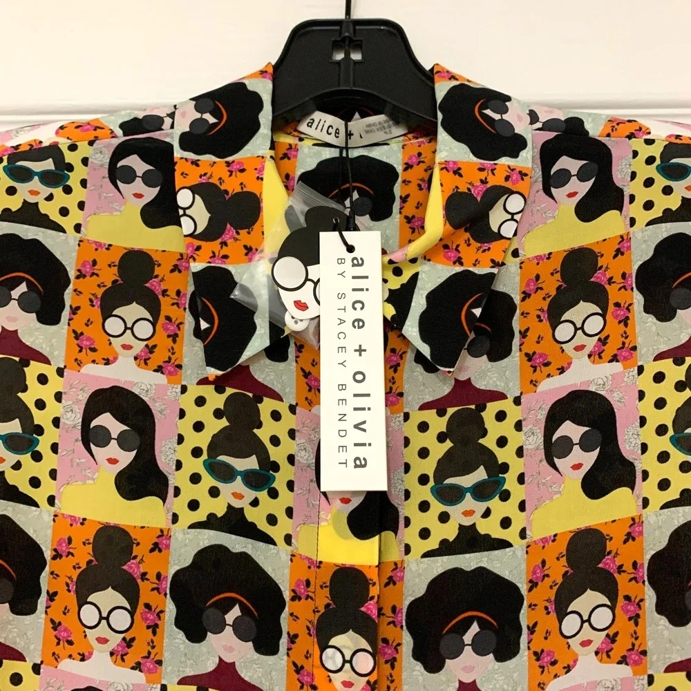 NWT Alice + Olivia Silk Willa Stace Tribe Face Blouse Shirt Sm 2 4 Mod - Picture 4 of 11